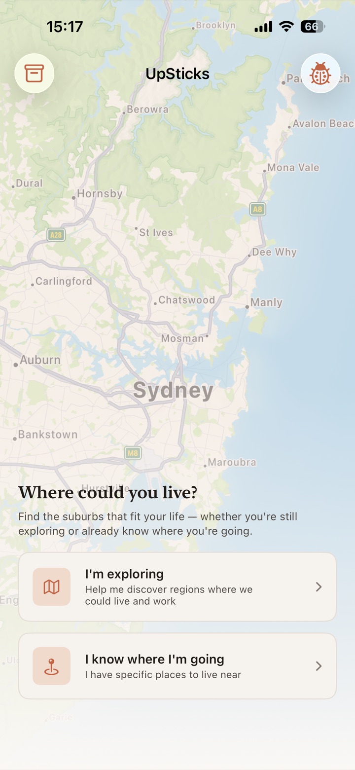 Up Sticks home screen: a map of Sydney asking 'Where could you live?', with paths for exploring regions or searching near specific places