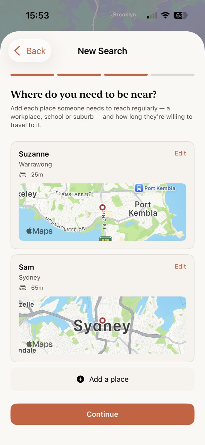 Adding the places you need to be near — a workplace in Warrawong within 25 minutes and Sydney within 65 minutes — each with a map preview