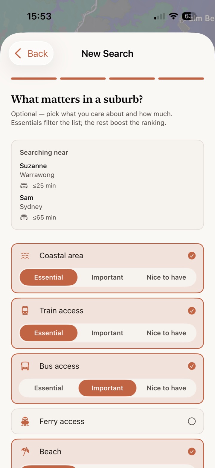Choosing what matters in a suburb: coastal area and train access marked essential, bus access marked important