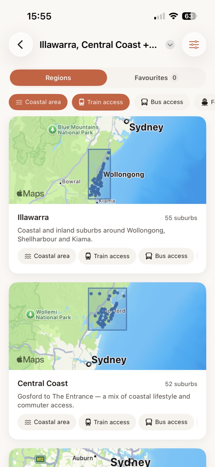 Browsing regions — Illawarra with 55 suburbs and Central Coast with 52 — each with a map, a description and matching lifestyle tags