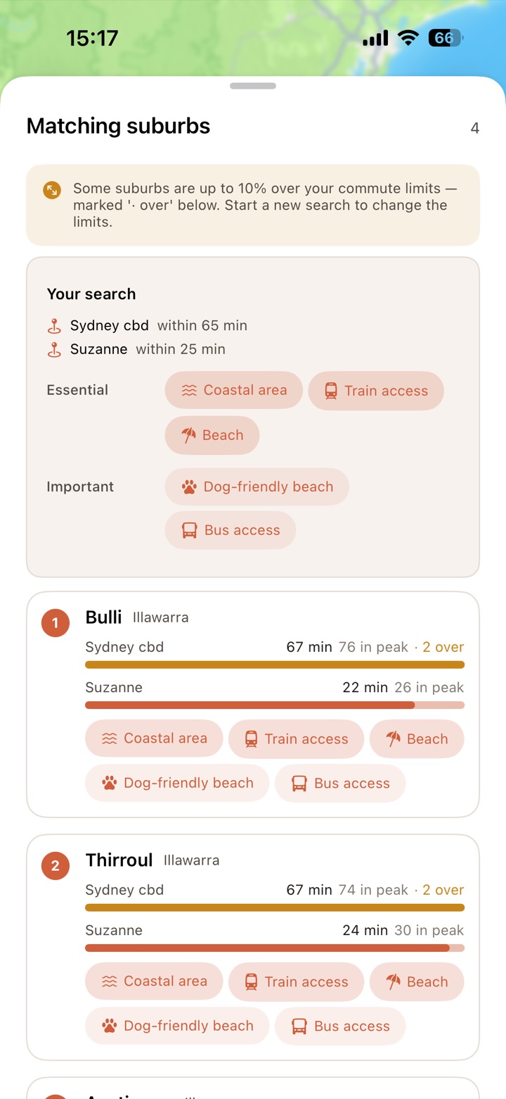 Ranked suburb results — Bulli and Thirroul — with peak commute times and matched lifestyle tags like coastal area and train access