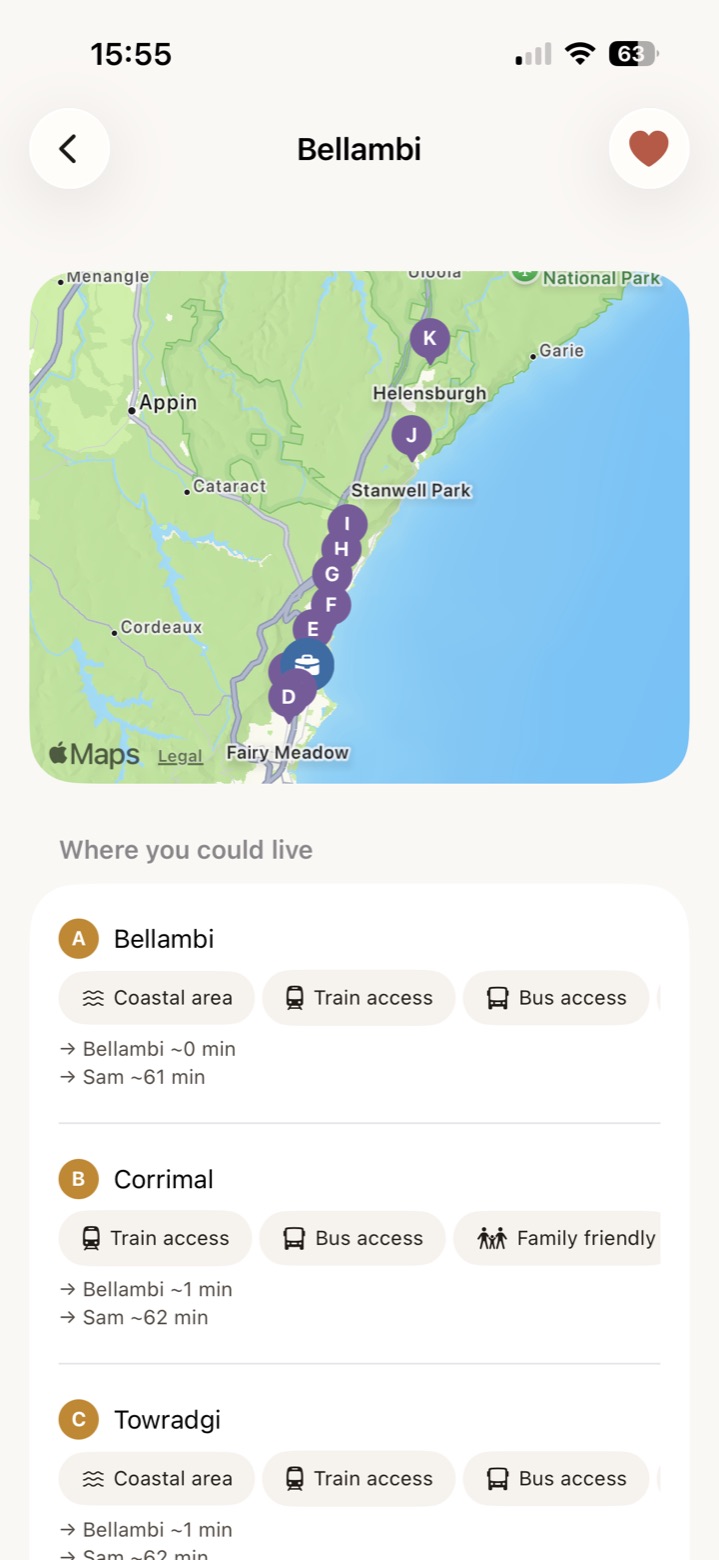 A suburb page for Bellambi: a map of nearby suburbs marked A to K, and a 'where you could live' list showing travel times from each one